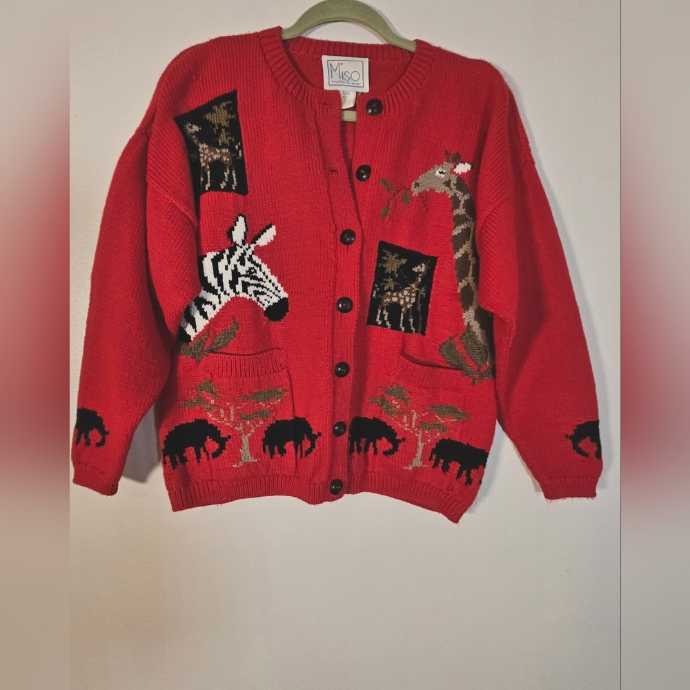 Vintage Cardigan SM 90s Buttons red Heavy Cotton Safari Oversize Artsy Indie - Picture 9 of 12